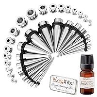 BodyJ4You 36PC Gauges Kit Ear Stretching Aftercare Balm Jojoba Oil Wax 14G-00G Gold Steel Tunnel Plugs Tapers
