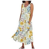 Womens Maxi Dresses for Summer Casual Round Neck Printed Sleeveless Dress with Pockets