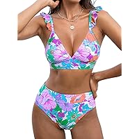 CUPSHE Women Bikini Sets 2 Piece Swimsuit High Waisted Bottom Floral Print Ruffle V Neck Bathing Suits