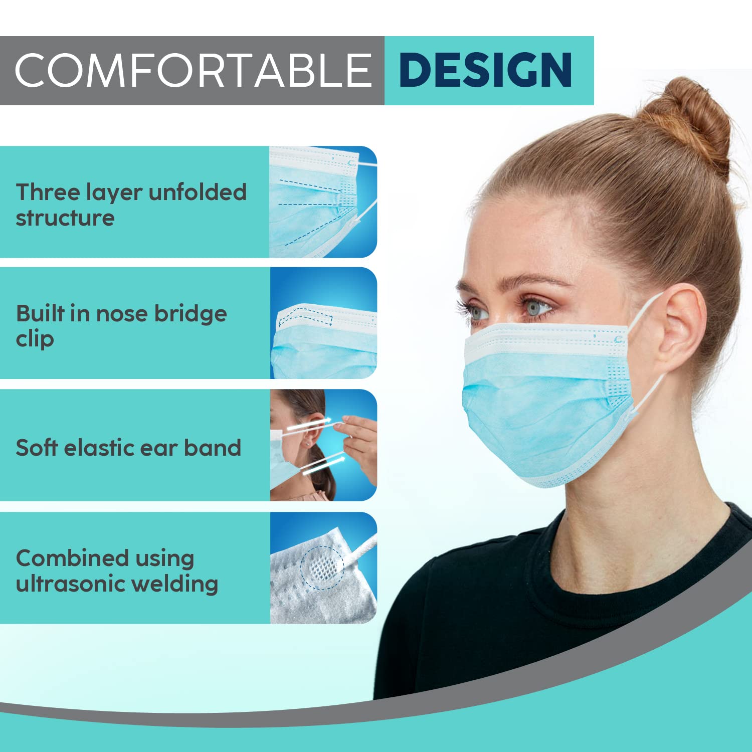 Disposable Face Masks/ 3Ply Safety Face Masks- 50PCS - 3 Layers Blue Protective Face Mask For Daily Use, Breathable Facemasks, Anti-Dust Disposable Mask with Earloop for Personal Care