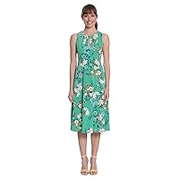 London Times Women's Sleeveless Fit and Flare Dress with Pleat Tucks and Keyhole Detail at Neck