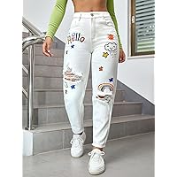 Jeans for Women- Letter & Cartoon Graphic Ripped Mom Fit Jeans