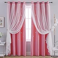 Star Cut-Out Blackout Curtains for Bedroom 2 Panels,2-Layers Mix Design of Fabric & Tulle,Pretty Pure Color Window Curtain for Kids Room(W52 x L84,Pink)