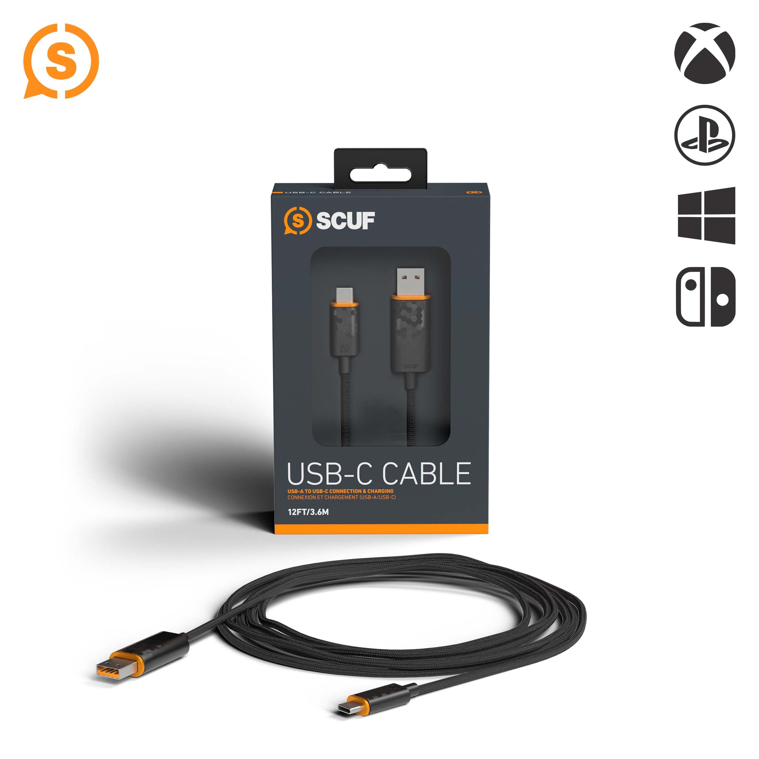 SCUF Braided USB-C Cable - Black 6 feet / 2 Meters USB Type C Connection and Charging for Xbox Controllers, PS5 Controllers, and Smart Phones - Xbox Series X;