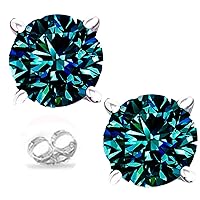 Silver Plated Round Real Moissanite Stud Earrings (1.61 Ct,Blue Green Color,VVS1 Clarity)