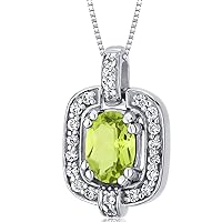 PEORA Peridot Pendant Necklace in Sterling Silver, Vintage Halo Solitaire, Oval Shape, 7x5mm, 1.00 Carat total, with 18 inch Chain
