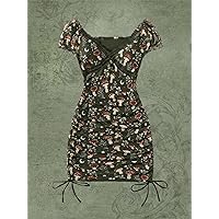 Dresses for Women Mushroom Print Lace Insert Drawstring Ruched Dress (Color : Green, Size : Medium)