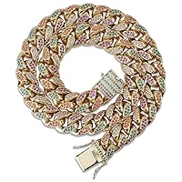 LC8 Jewelry Men 14mm 18mm Width Luxury Necklace Hip Hop Iced Out Diamond Bling Colorful CZ Miami Rainbow Cuban Link Chain Necklace, 14K Gold Plated