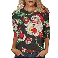 Christmas Shirts Women Plus Size 3/4 Length Sleeve Santa Print Tee Tops Ladies O-Neck Loose Holiday Tshirts Blouses