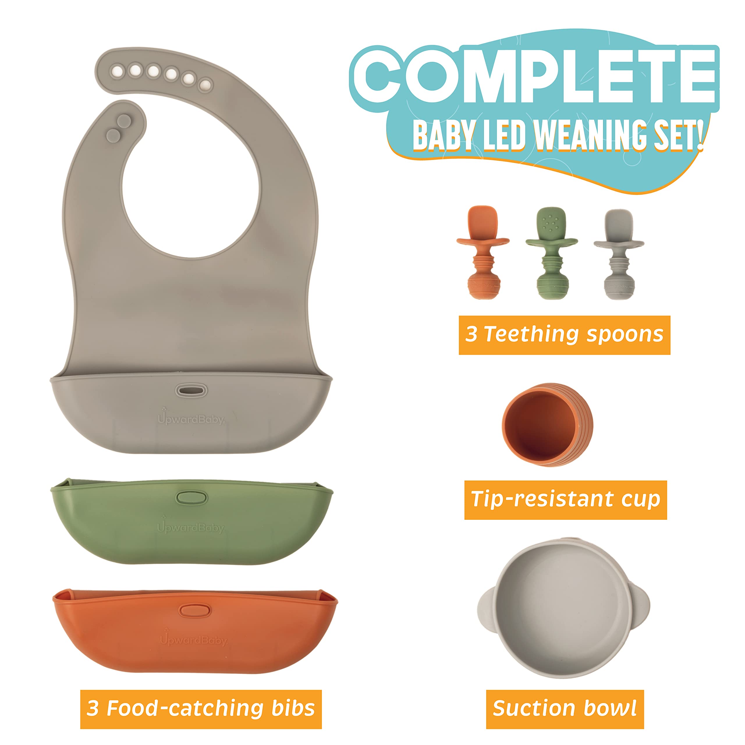 Upward Baby Led Weaning Supplies 6-12 Months Eating Utensils - First Solids Infant Feeding Set - Suction Bowls Baby Plates Dishes Toddler Spoons and Cup with Silicone Bibs - Self Eating Essentials