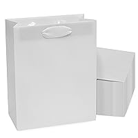 Prime Line Packaging 8x4x10 50 Pack Small White Kraft Bags, Gift Bags with Ribbon Handles for Boutiques, Small Business, Retail, Merchandise, Bulk