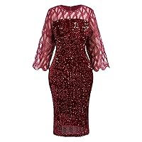 IMEKIS Women?s Sexy Plus Size Mesh 3/4 Sleeve Cocktail Slim Fit Dress Illusion Round Neck Sequins Bodycon Party Dress Wine Red X-Large