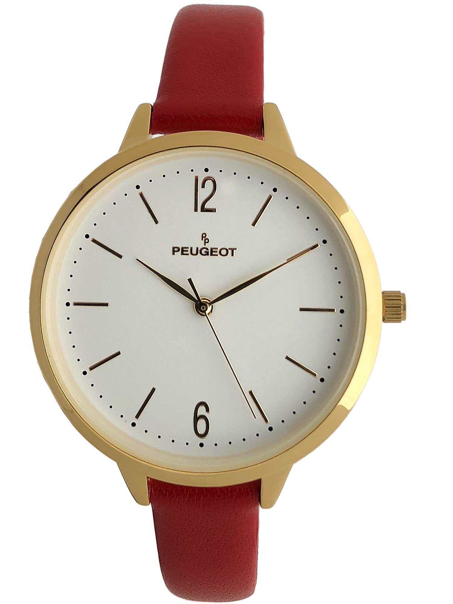 Peugeot Women's Slim Watch, 14K Gold Plated Large Face Watch with Skinny Leather Strap