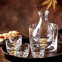 DUJUST Sake Set for 4, Crystal Sake Glass Decorated with 24K Gold Leaf Flakes, 1 Sake Bottle, 1 Sake Tank and 4 Sake Cups/Shot Glass, Cold Sake Carafe, Beautiful & Luxury Japanese Gifts Set - 6 pcs
