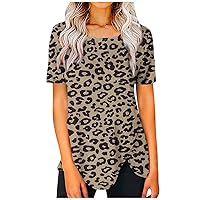 Spring Tops for Women 2024 Casual Women's Summer Tops Short Sleeved Casual Drawstring Shirt Round Neck Print B