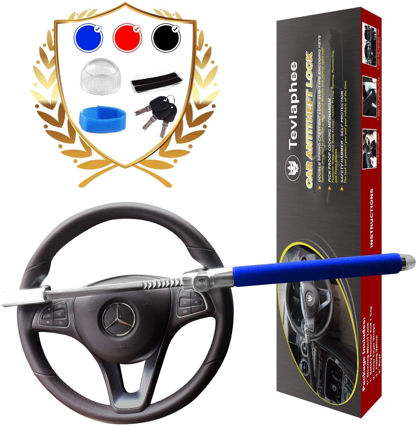 Tevlaphee Steering Wheel Lock Anti Theft Car Device Universal Car Theft Prevention Car Lock Adjustable Length Universal Fit Emergency Hammer Window Breaker Self Defense Heavy Duty Secure(Blue)