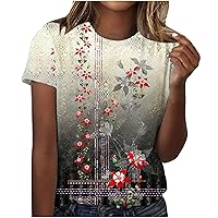 Retro Floral Print Blouses for Women Short Sleeve Tshirt Round Neck Casual Summer Tops 2024 Trendy Tunic Tees Loose Fit
