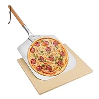 Pizza Grilling Tool Set for BBQ Grill & Oven Including Pizza Baking Stone and 12 x 14 inch Aluminum Pizza Peel for Baking Bread Pies