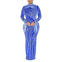 Womens Sexy Long Tassel Sleeve Turtleneck Mesh Rhinestones Bodycon Party Clubwear Prom Gown Dress