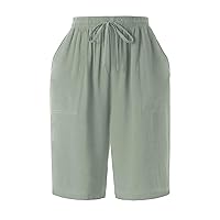 Womens Premium Linen Blend Long Shorts Knee Length Comfy Ultra Soft Deep Pocket Detail Sweat Short
