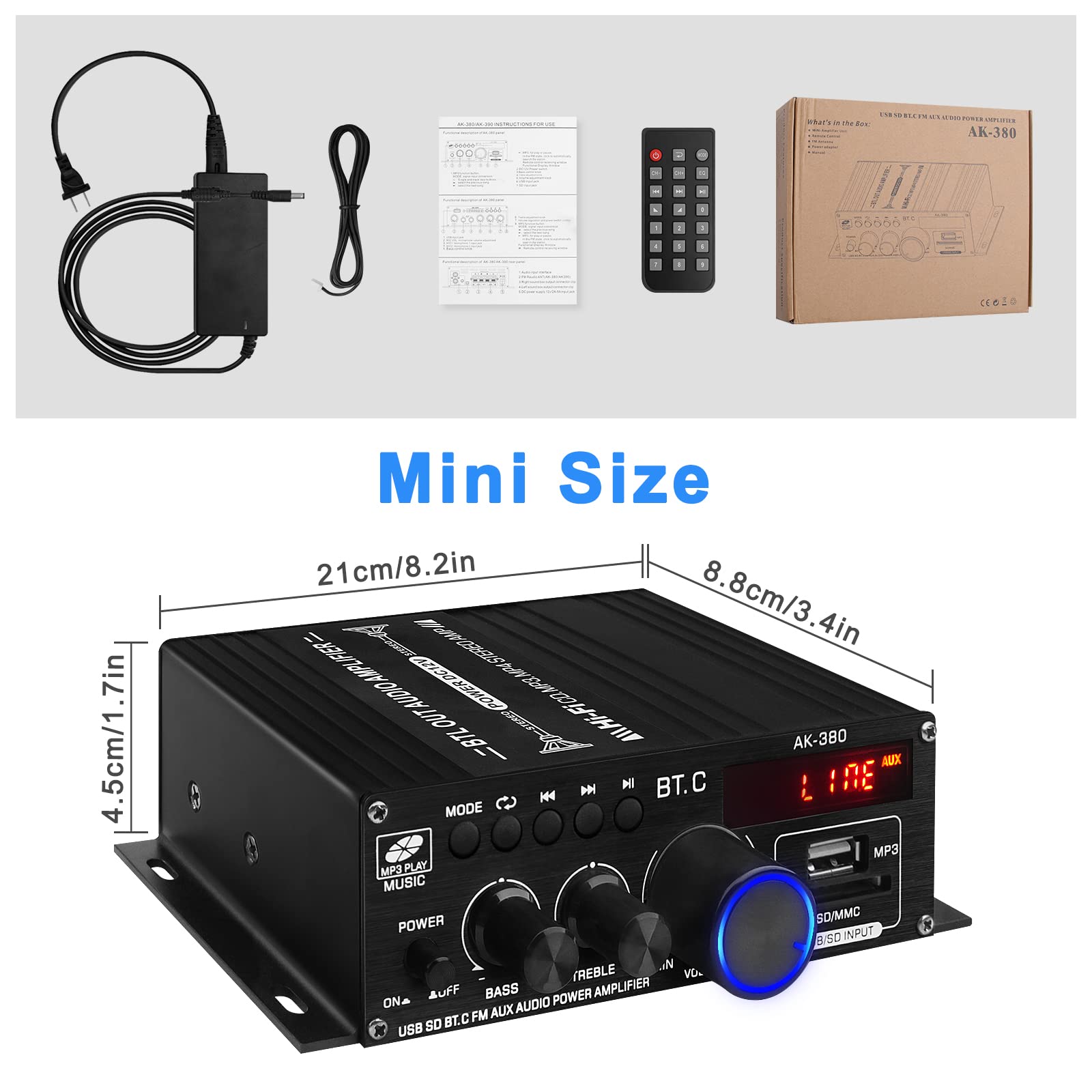 AK-380 USB SD BT.C FM AUX Audio Power Amplifier 400W+400W 2.0 CH HiFi Stereo AMP Speaker Bluetooth 5.0 Amp Receiver with 12V 5A Power Supply,Remote Control,FM Antenna for Car Home Bar Party