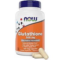 Now Glutathione 500 mg, 100 Vegan Capsules - Reduced Form GSH Supplement - Enhanced with Milk Thistle Extract and Alpha Lipoic Acid