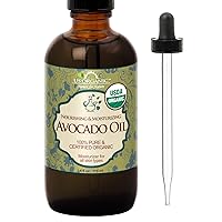 US Organic Avocado Oil Unrefined Virgin, USDA Certified Organic, 100% Pure & Natural, Cold Pressed, in Amber Glass Bottle w/Glass Eye dropper for Easy Application (4 oz (Large))