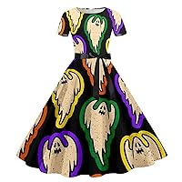 Halloween Costumes for Women Fire Print Short Sleeve Cocktail Swing Dress Pin-up Rockabilly Prom Dress with Belt
