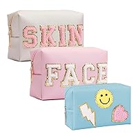 3 Pieces Preppy Patch Makeup Bag, Small Chenille Letter Cosmetic Bag, PU Leather Waterproof Zipper Skin Care Toiletry Bags for Teen Girls, Portable Preppy Gift for Women(White, Blue, Pink)