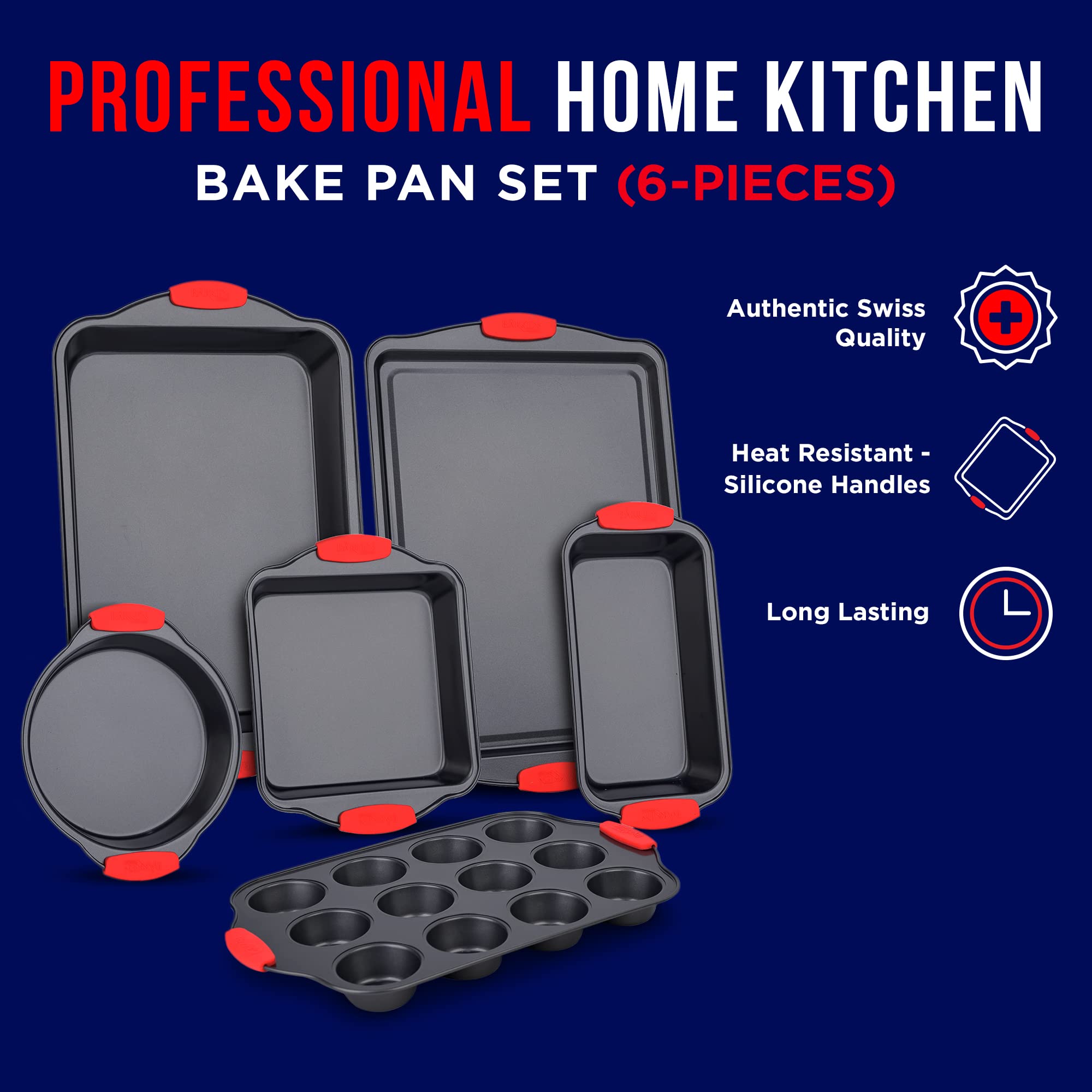 Baking Set – 6 Piece Kitchen Oven Bakeware Set – Deluxe Non-Stick Black Coating Inside and Outside – Carbon Steel – Red Silicone Handles – PFOA PFOS and PTFE Free by Bakken