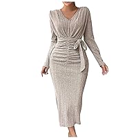 Cocktail Dresses for Women Fall Winter Elegant V-Neck Long Sleeve Pleated Tie Waist Knit Dress New Years Eve Dress