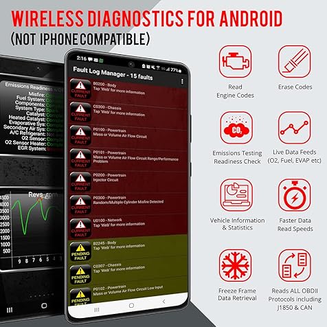 for Android Phones ONLY - Wireless Bluetooth Diagnostic OBD2 Scanner Car Code Reader and Scan Tool for All 1996 & Newer Vehicles ELM327 Compatible OBDII