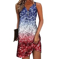 Women's Dresses Button V Neck Mini Dresses Sleeveless Summer Plus Size Tunic Dress American Flag Patriotic Dresses