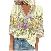 Womens Tops 3/4 Sleeve v-Neck Cute Shirts Casual Print Trendy Tops Three Guarter Length T Shirt Spring Summer Pullover
