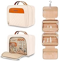Hanging Toiletry Bag for Women, Travel Makeup Bag Organizer, Extra Large Toiletries Bag, Water-resistant Bathroom Cosmetic Bag with Jewelry Organizer Compartment (Beige, Medium)