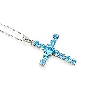 December Birthstone Natural Swiss Blue Topaz 7 MM Round Gemstone Holy Cross Pendant Necklace 925 Sterling Silver Blue Topaz Jewelry Bridal Necklace Gift For Her (PD-8453)