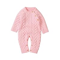 Newborn Baby Boy Girl Sweater Knitted Romper Long Sleeve Button Jumpsuit Bodysuit Clothes-Pink 0-6 Months