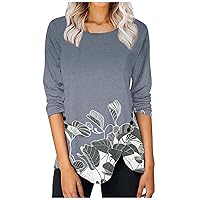 Women's Tops Fashion Irregular Hem Round Neck Floral Printed Long Sleeve T Shirts Fashion Tunic Loose Tee Top
