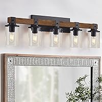 DUJAHMLAND Farmhouse Vanity Lights, 5-Light Wood Bathroom Wall Lighting with Clear Glass, Industrial Metal Wall Sconce for Bedroom, Kitchen, Hallway (Antique Wood, 5-Light)