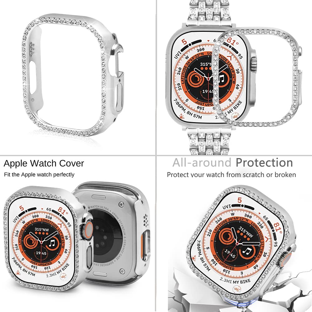 Supoix Compatible with Apple Watch Band 38mm 40mm 41mm 42mm 44mm 45mm 49mm+ Case, Women Jewelry Bling Diamond Rhinestone Replacement Metal Strap& 2 Pack PC Protector Case for iWatch Ultra Series 8/7/6/5/4/3/2/1/SE