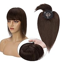 MY-LADY Top Hairpieces for Womem with Bangs Natural Mono Base Topper 100% Real Human Hair Clip in on Hair Piece Straight Middle Part for Hair Loss Thinning Hair Gray 10 Inch #2 Dark Brown