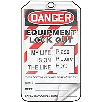 Lockout Tags, Pack of 25, Danger Equipment Lock Out My Life is on the Line with Picture Insert, US Made OSHA Compliant Tags, Tear & Water Resistant Self-Laminating PF-Cardstock with Grommets, 5.75