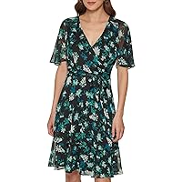 DKNY Women's Fit and Flare V Neck Cape Sleeve Dress