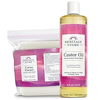 Heritage Store Castor Oil Pack Bundle, Soothing Heat Compress for Abdomen, Joints & Overall Health, 16oz Cold-Pressed Castor Oil & Reusable 13 x 15 in. Cotton Flannel Cloth, Vegan, Always Cruelty Free