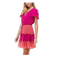 Womens Pink Short Sleeve V Neck Short Fit + Flare Dress Juniors XXS