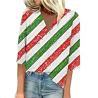 Women's 3/4 Sleeve Tops Summer Vneck Patriotic T-Shirt Ladies Retro Tie Dye Shirts 4th of July Blouse Graphic Tee