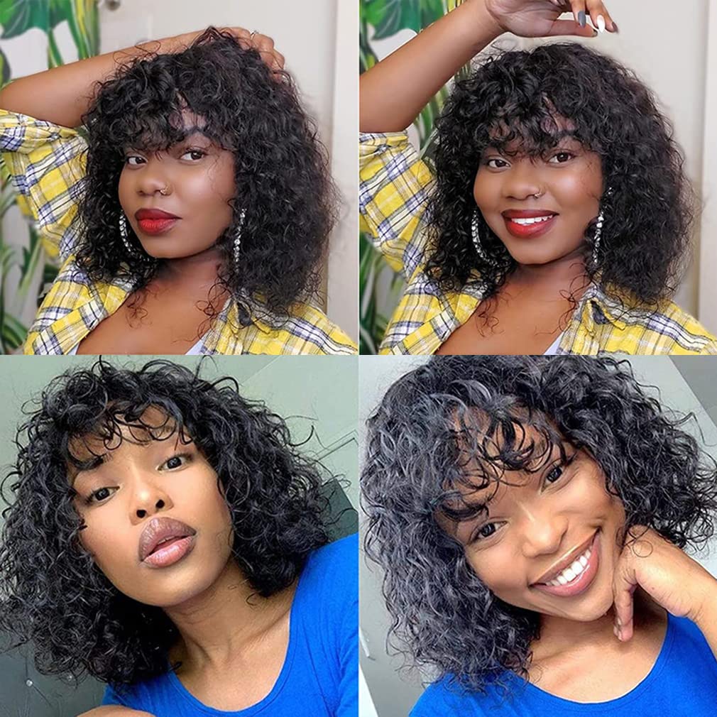 Saisifen Water Wave Human Hair Wigs with Bangs Short Curly Bob None Lace Front Wigs for Black Women 150% Density Brazilian Virgin Human Hair Full Machine Made Wig Natural Color #1B 14inch