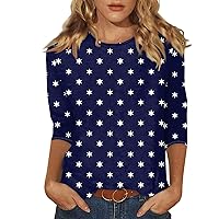 4th of July Shirts for Women 3/4 Length Sleeve Round Neck Printed Blouse Trendy Fit Tops Elegant Soft Tee Shirt