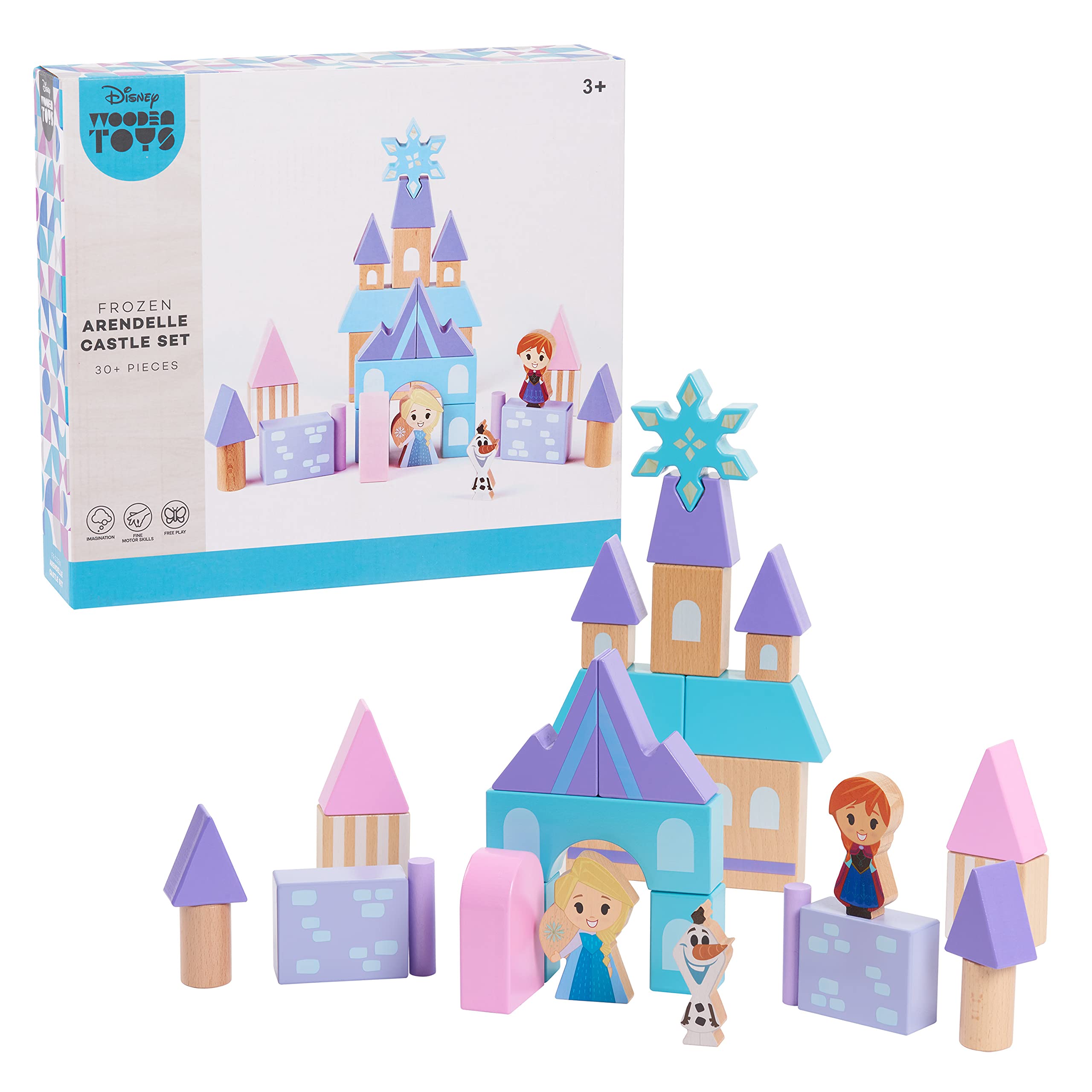 Disney Wooden Toys Frozen Arendelle Castle Block Set, 30+ Pieces Include Elsa, Anna, and Olaf Block Figures, Amazon Exclusive, by Just Play