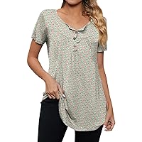 Floral Tops for Women 2024 Summer Bohemian Casual Fashion Loose Fit with Short Sleeve Henry Neck Shirts